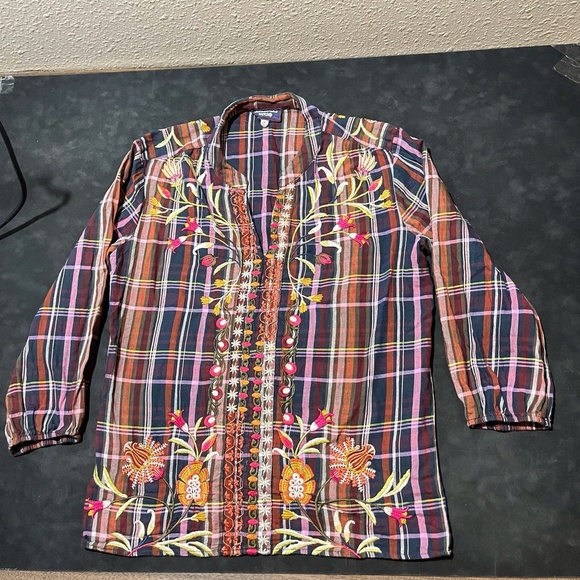 Johnny Was Womens Rosalva Paris Effortless Blouse Plaid Top Tunic Embroidered - Picture 1 of 10